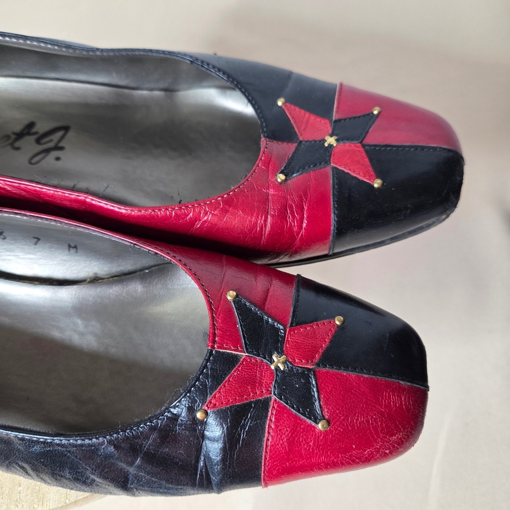 Vintage Margaret J Red Black Leather Star Studded Block Heel Pumps 2836 7M - Picture 2 of 11